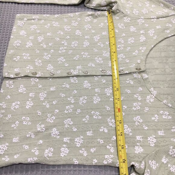 Pink Rose Shirt Large Sage Ditsy Floral Button up Crop Pointelle Y2K Boho - Picture 7 of 8